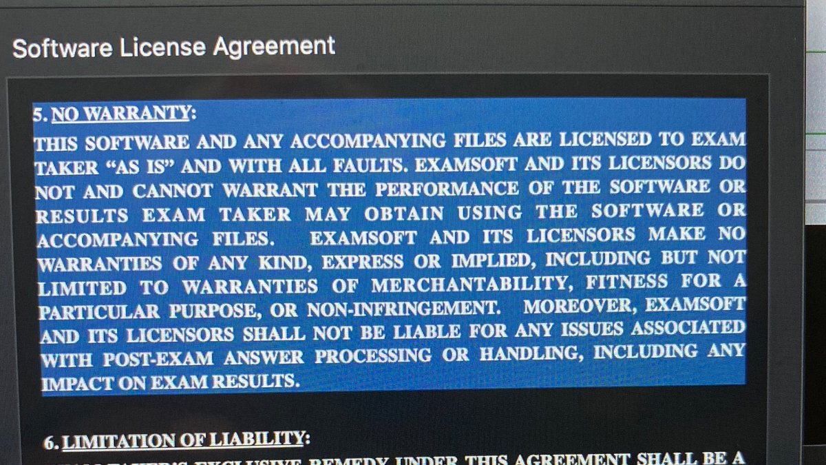 sulli147's tweet photo. To be clear, this is the standard @StateBarCA is ok with for the BAR EXAM.
βNo warranty of performance
βNo warranty of fitness for a particular use (BAR EXAM!)
βWill not be liable for any post-exam answer processing or handling, including impact on exam results.
#dp4all https://t.co/vkk3dZpcFR