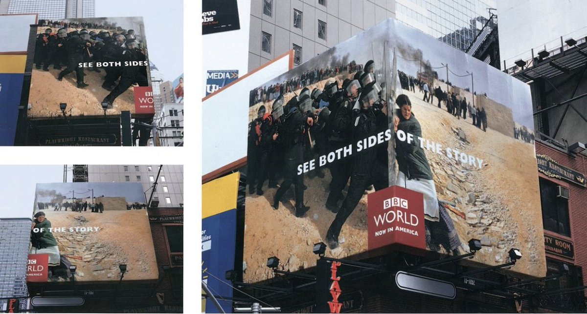 ImagenCreativaU's tweet photo. BBDO New York para BBC World mostró una imagen en una valla publicitaria colocada a la vuelta de la esquina de un edificio con el título "See both sides of the story". Una combinación impactante de palabras e imágenes.

#OOH #PublicidadExterior https://t.co/2e0X8gAmDK