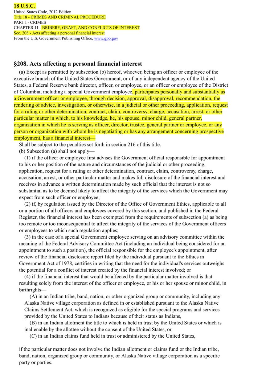 And don’t get this twisted, we are not having a theoretical debateThe  @realDonaldTrump  @USPS board of Governors committed crimes by the “highly irregular” DeJoy NominationSee 18 USC §208: Acts affecting a personal financial interestPeople need to go to JAIL for thisPeriod