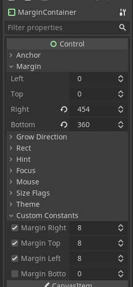 Harrkus's tweet photo. Godot's MarginContainer never worked the way I expected and I hated it. I just had a huge facepalm moment upon discovering the margin behaviour I was after is under Custom Constants. Not to be confused with, well... Margin. 🤯 https://t.co/8PeozXu4Nb