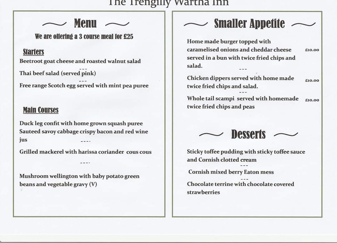 Menu for this week book to avoid disappointment 01326340332 #trengillywartha #mosthiddeninn