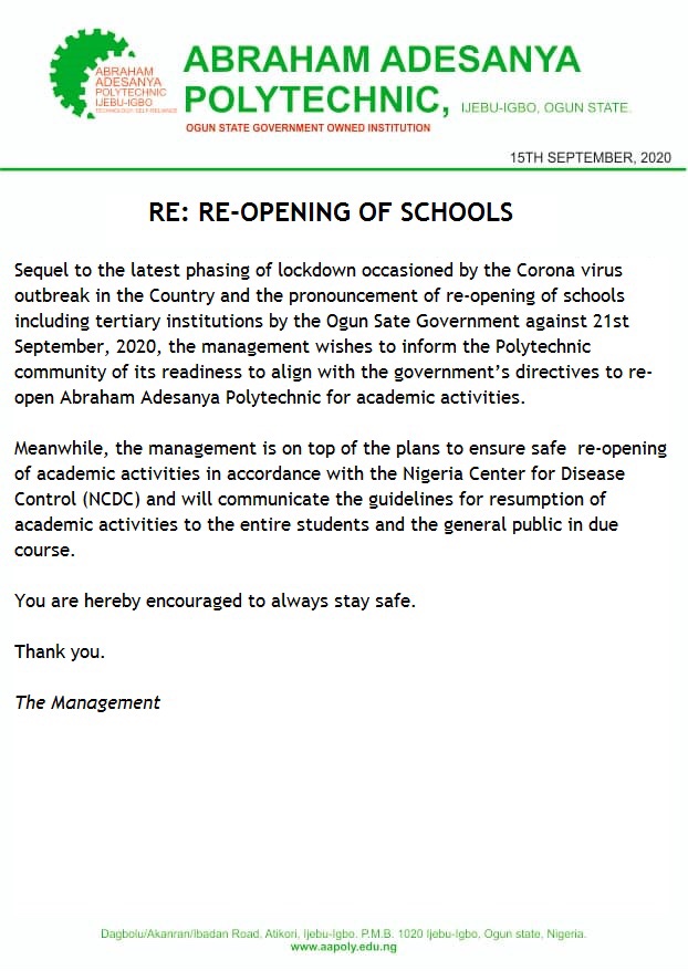 AAPOLY_OFFICIAL's tweet photo. OFFICIAL: @AAPOLY_OFFICIAL
RE-REOPENING OF SCHOOLS
Here is the official statement of the Polytechnic on readiness to align with the Ogun State government on reopening of schools
#Schoolsreopening #polytv #campusupdate #channelstv #ogtv #ogunupdate #oguntoday https://t.co/JY7jmQqyW0