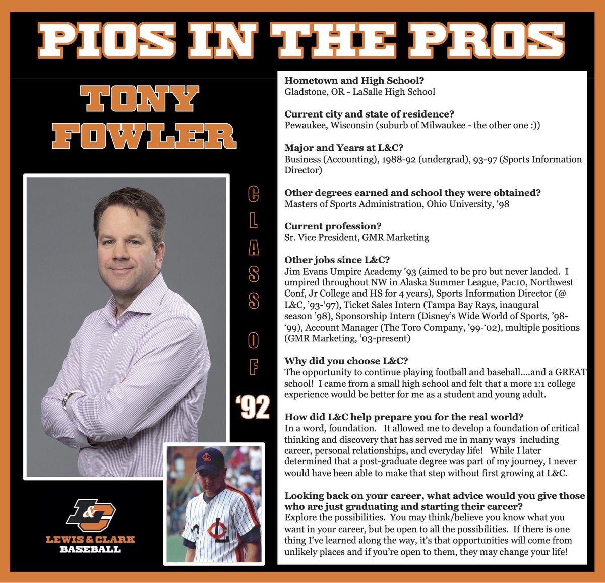 LCOttsBB's tweet photo. The first featured alum in our “Pios In The Pros” program is a local two-sport star from the glory days of L&C Athletics. We can’t wait for Tony to share his career journey with our players later this week. #PiosHelpingPios @awfowler https://t.co/MF6YG23UFI