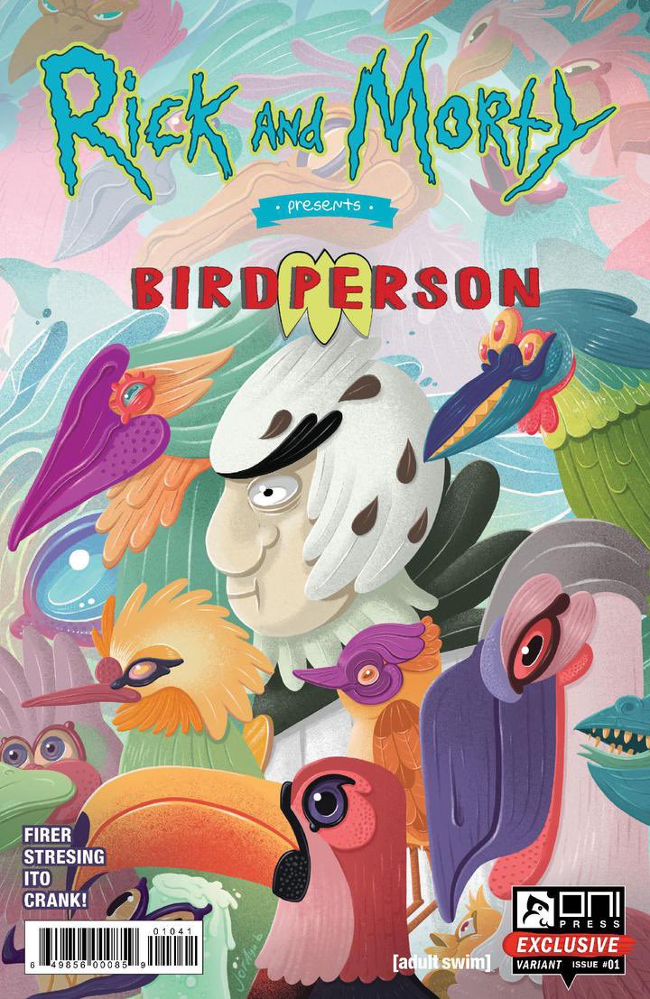 Oh hey! A while ago I did this cover for a Rick and Morty comic spinoff about Bird Person. I loved drawing these damn birds. TAG YOURSELF: I’m the three eyed boy for sure 🦢 <a href="/OniPress/">Oni Press</a>