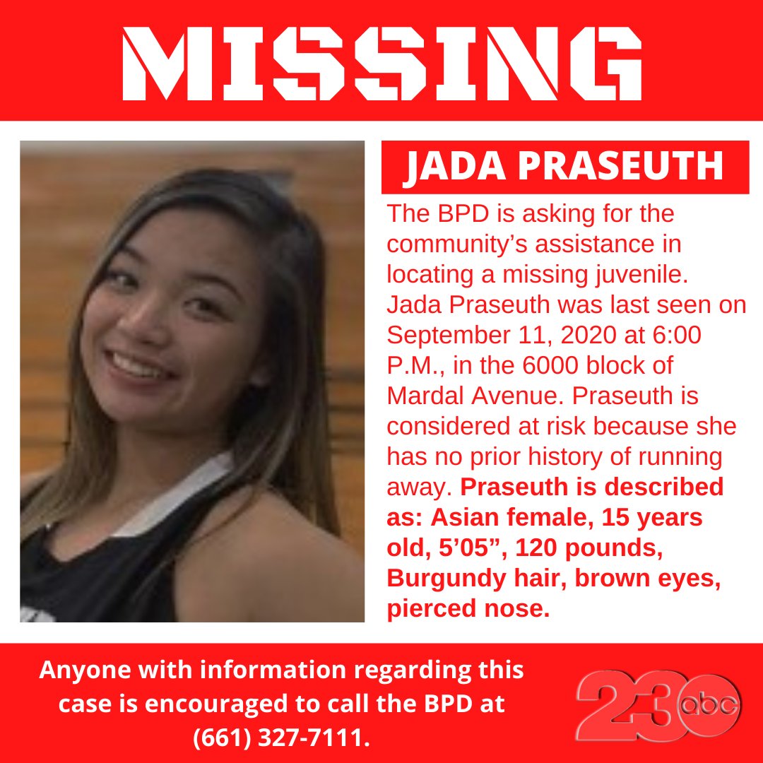 23ABCNews's tweet photo. IT ONLY TAKES A SECOND TO SHARE: BPD is asking for the community’s assistance in locating a missing juvenile. Jada Praseuth was last seen on Sept. 11th at 6 PM in the 6000 block of Mardal Avenue. Praseuth is considered at risk because she has no prior history of running away. https://t.co/KgSPnFmX9q