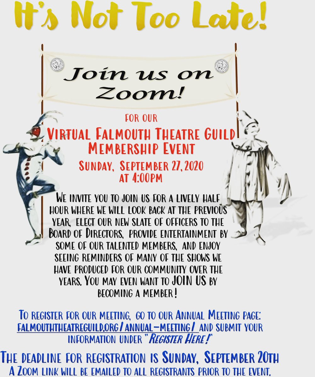 FTG1958's tweet photo. FTG's Annual Meeting and Event is fast approaching! Have you registered yet?! Join us by going to https://t.co/bVuD18K2ix
and entering your name and email. It's that easy! 
Come see what it's all about on Sunday, September 27th at 4pm!  #falmouththeatreguild #ftg #tildeathwedoart https://t.co/uoAQU5Oqg4