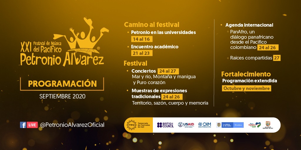 cobritish's tweet photo. La cultura del Pacífico nos convoca a la versión XXIV del Festival de Música del Pacífico @PetronioCO para encontrarnos en la solidaridad, la resiliencia y la resistencia de la cultura afro 💪🏿. No te pierdas la programación virtual.
#PetronioEnElCorazón #PanAfro #WeStayConnected https://t.co/Hl3Vib8aiv
