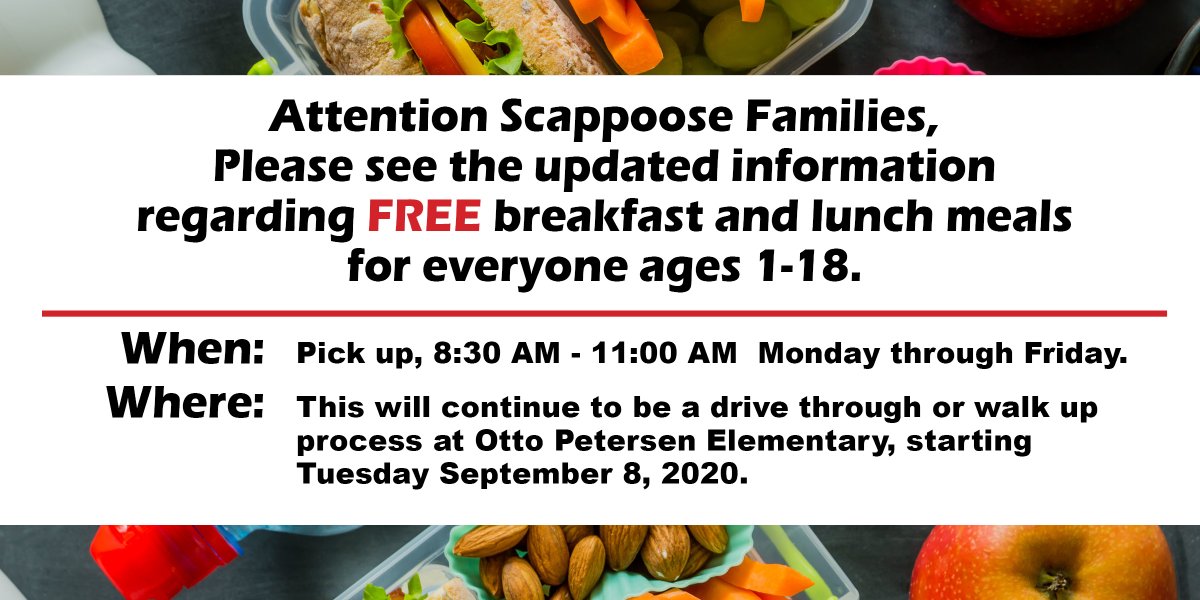 scappoosesd's tweet photo. Attention Scappoose Families,

We are increasing meal service time by 30 minutes due to the conflict of ZOOM and meal service both starting at 9:00am. Meals will be served from 8:30am-11:00am effective Wednesday, September 16th.
Looking forward to seeing you at Otto Petersen! https://t.co/qiwRVOpnQo