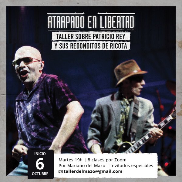 ATRAPADO EN LIBERTAD.
Taller sobre Patricio Rey y sus Redonditos de Ricota.
Un recorrido por el mayor misterio de la cultura popular argentina y un fenómeno único a nivel global.
Con material exclusivo. 
Por <a href="/mdelmazoposta/">Mariano del Mazo</a> 
+ info linktr.ee/redonditos o tallerdelmazo@gmail.com