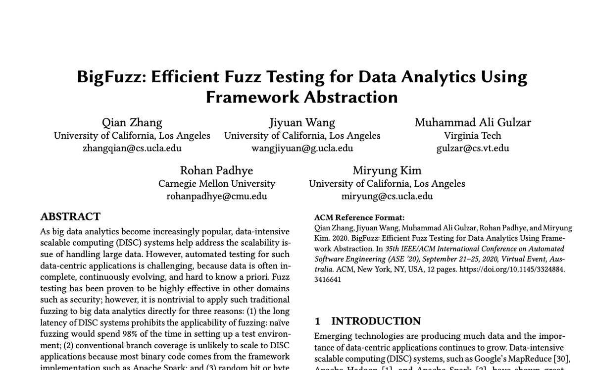 moarbugs's tweet photo. Coming up next week at @ASEconf2020: Scaling #JQF to Apache Spark. How? Abstract away clunky framework code using source transforms + measure equivalence coverage of dataflow (e.g. filter, join, map, reduce).
Fun collab with the amazing folks at UCLA!
https://t.co/OFzCRauHkB https://t.co/tWtdO8XptT