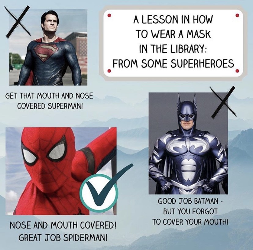MendonLibrary's tweet photo. Not all superheroes are equal. Clearly Spiderman is the smartest in the bunch! #LOL #spiderman #superman #batman #maskit #HowToWearAMask #mendon #honeoyefalls #hfl #hflcsd #librarylife https://t.co/TEaTBkGoYU