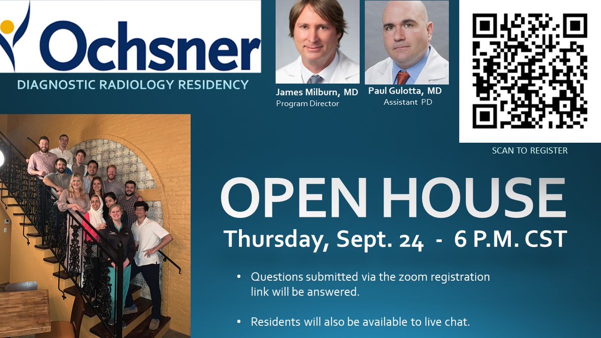 Ochsner Radiology (@ochsnerrads) on Twitter photo Come join our program leaders and #RadRes on Thursday, September 24 for a virtual open house to learn about what our program and New Orleans has to offer! <a href="/SIRRFS/">SIR RFS</a> <a href="/futureradres/">Future Radiology Residents</a> <a href="/ACRRFS/">ACR RFS - We've Moved! Follow <a href="/RadiologyACR/">American College of Radiology</a>.</a> <a href="/theAPDR/">The APDR</a> @RadiologyACR
Click here or scan QR code to register:
ochsner.zoom.us/meeting/regist… Come join our program leaders and #RadRes on Thursday, September 24 for a virtual open house to learn about what our program and New Orleans has to offer! <a href="/SIRRFS/">SIR RFS</a> <a href="/futureradres/">Future Radiology Residents</a> <a href="/ACRRFS/">ACR RFS - We've Moved! Follow <a href="/RadiologyACR/">American College of Radiology</a>.</a> <a href="/theAPDR/">The APDR</a> @RadiologyACR
Click here or scan QR code to register:
ochsner.zoom.us/meeting/regist…