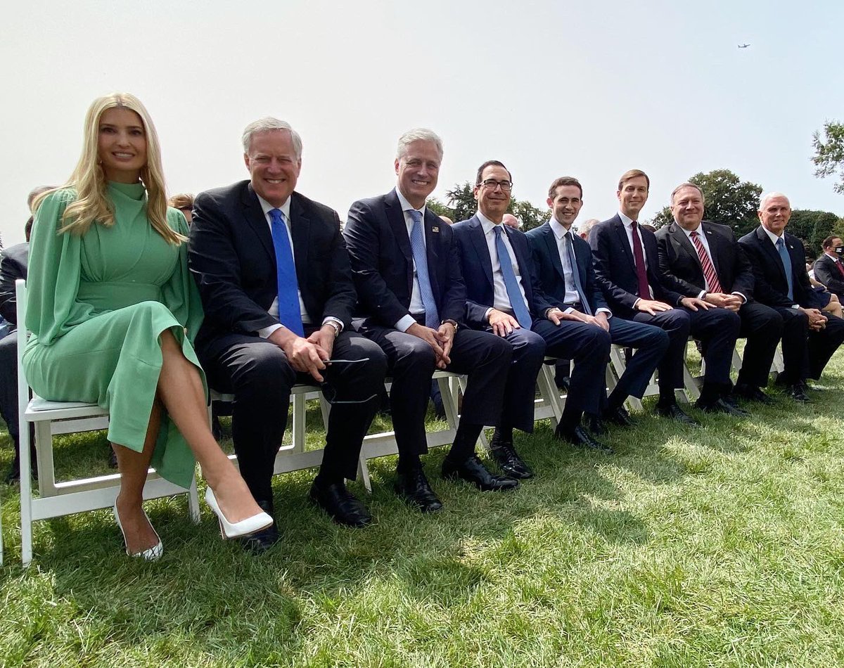 Advisor Ivanka TrumpChief Of Staff Mark MeadowsNational Security Advisor Robert O'BrienSecretary Steven MnuchinSpecial Representative for International Negotiations Avrahm "Avi" BerkowitzSenior Advisor Jared KushnerSecretary Mike PompeoVice President Mike Pence