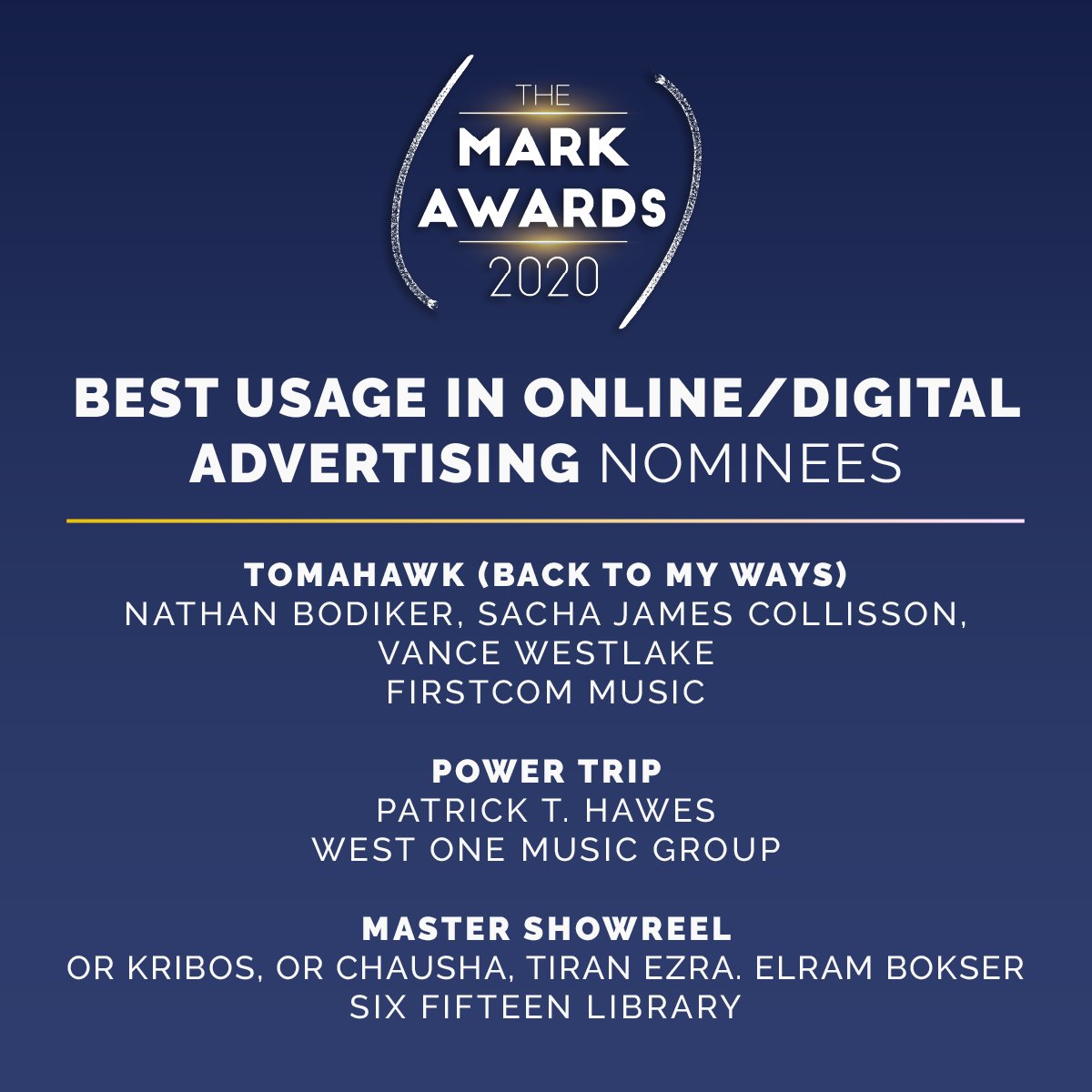 FirstCom_Music's tweet photo. Super hyped for these noms! So much talent. So much great music. So much fun!

#markawards #productionmusic #pmc #stockmusic #musicbusiness #sync https://t.co/TFGqFt4WOX