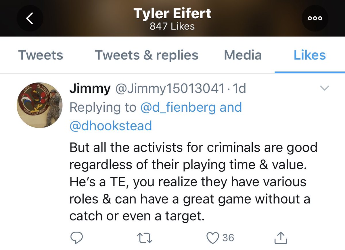 Yesterday, in a conversation about Tyler Eifert’s David Dorn helmet decal, Eifert liked a tweet calling other NFL players “activists for criminals.” So Eifert believes the other names the NFL supplied for helmets are criminals?