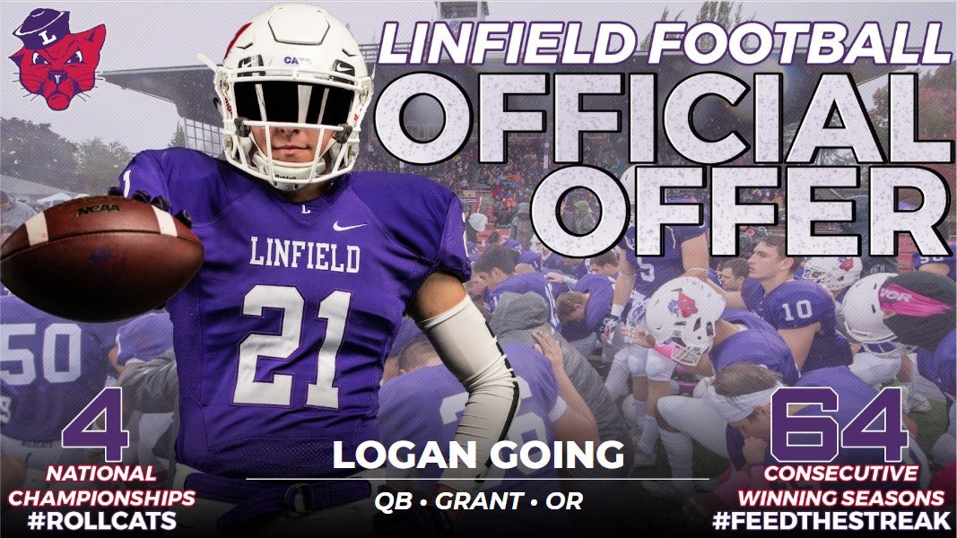 LoganGoing's tweet photo. Blessed to receive another offer to play for @LinfieldFB. Thanks @coachbelliott for the opportunity!   @BrandonHuffman @grant_fb @JordanJ_ https://t.co/rKIle8Bxpf