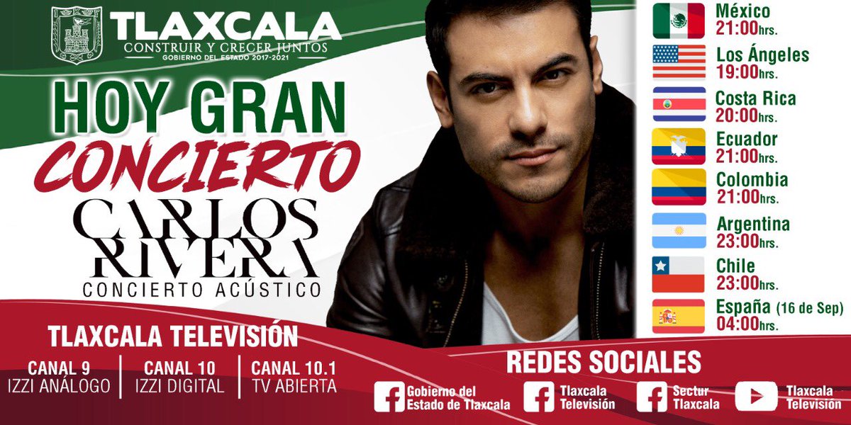 TlaxcalaFecc's tweet photo. 🇲🇽Festeja el Grito de Independencia con el concierto que grabó Carlos Rivera hace unos días en el Teatro Xicohténcatl.

📲 Sigue la transmisión por Facebook:
Gobierno del Estado de Tlaxcala/Tlaxcala Televisión/ Sectur Tlaxcala

#TlaxcalaSeCuida👏
@TlaxcalaFecc https://t.co/JSwgzzec4R