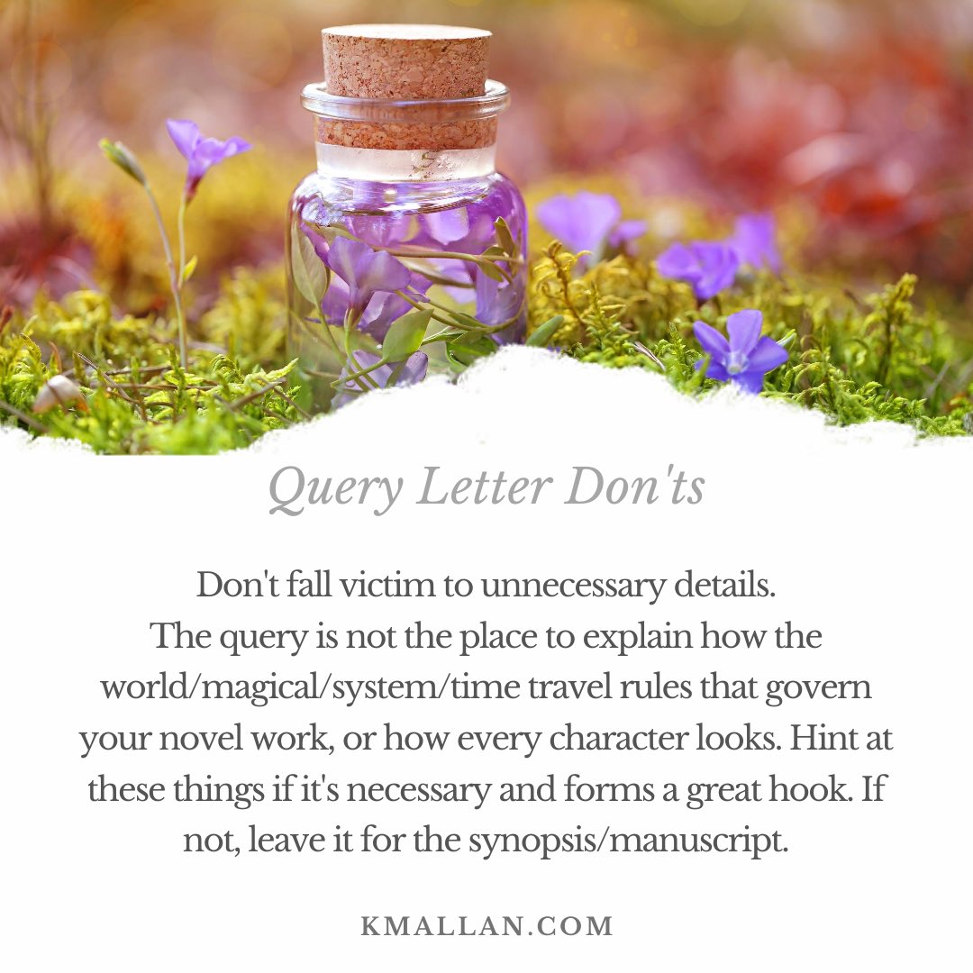 KMAllan_writer's tweet photo. #WritingTipWednesday. Don’t give away too much.

Taken from the #blog post, Query Letter Don’ts: https://t.co/9BFSWVA8zi
...
#wednesdaywisdom #writers #writingcommunity #writingtruths #writingtips #writerscafe #queryletters #querylettertips #dosanddonts https://t.co/nnvl2AfUOt