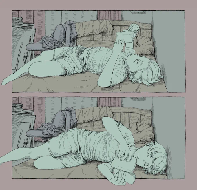 パースついたベッドで寝返り打たせるの死ぬほどムズかった。この2コマ描くのに10時間ぐらいかかった。 