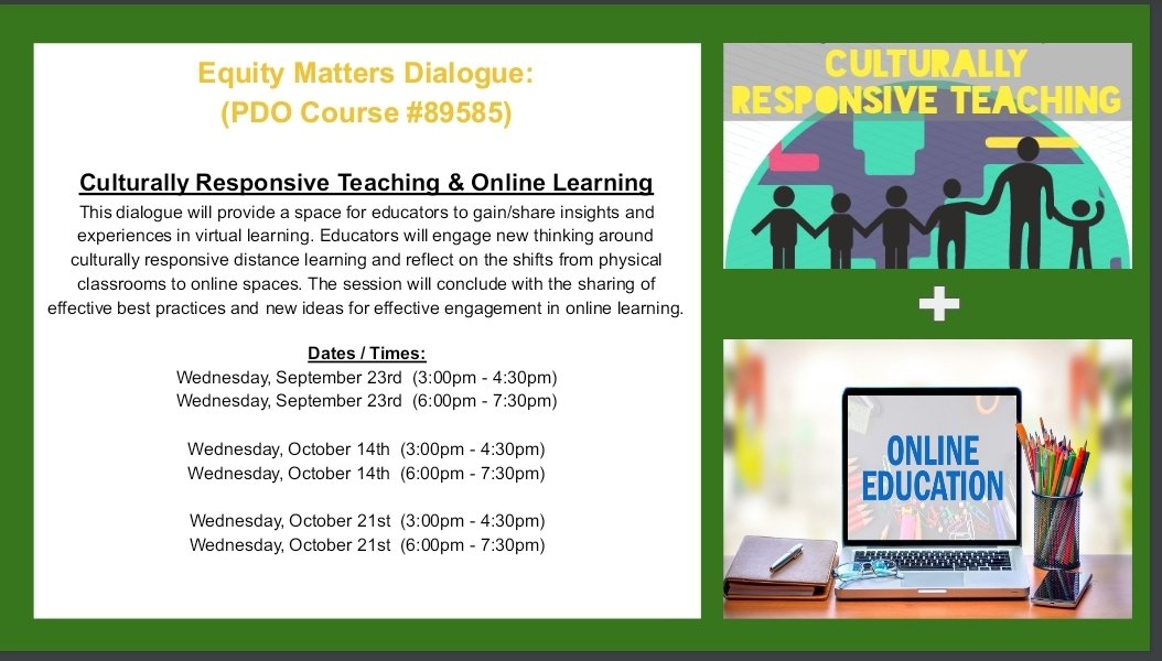What are the best practices for a culturally responsive online environment? Let's learn together! This one session PDO module starts next week. Like, retweet and share with a friend.