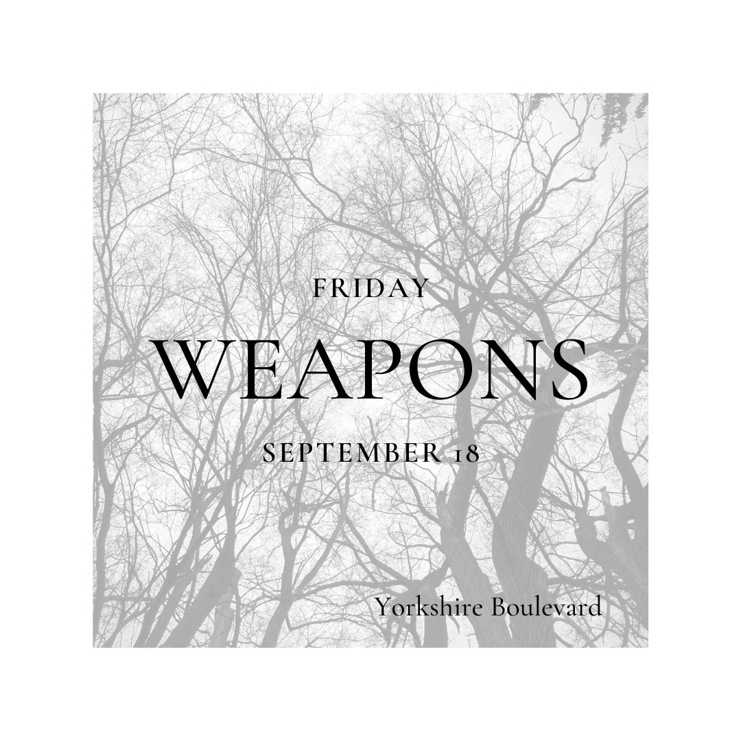 YorkshireBlvd's tweet photo. We got a little carried away and tweeted the wrong photo;

Weapons, our first single, will be hitting digital storefronts this Friday! This has been in the works for some time, and we’re super excited to have it out!! https://t.co/eXCrfkn9Uh