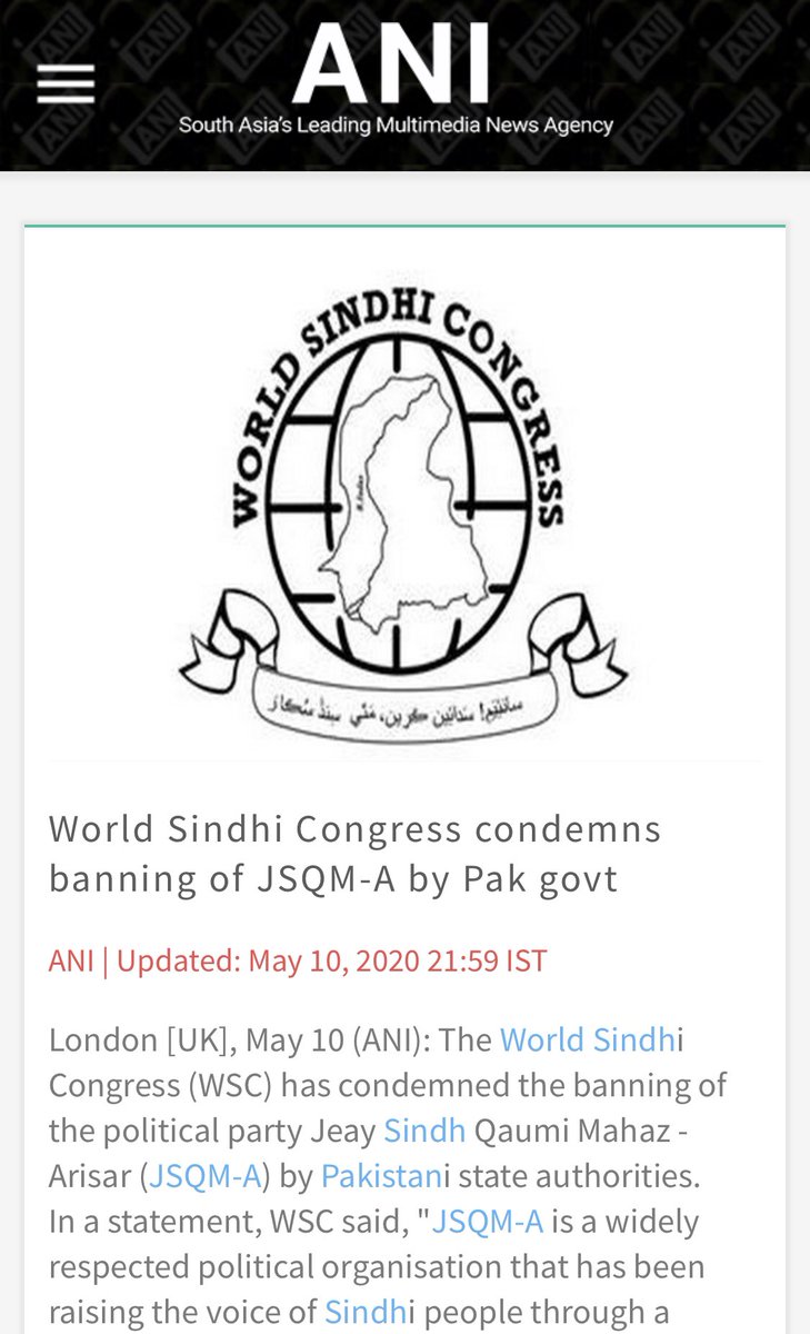 This point is proven by that fact that when govt of Pakistan banned SRA, SLA & Jiye Sindh Qaumi Mahaz-Arisar as terrorist orgs in May 2020,World Sindhi Congress organized protestors & issued condemnations against this ban & India media spread their message, off course./130