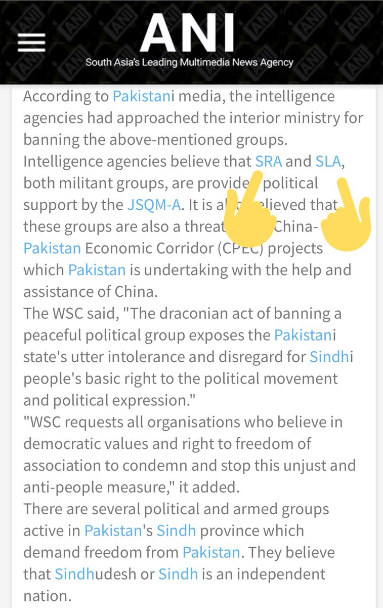 This point is proven by that fact that when govt of Pakistan banned SRA, SLA & Jiye Sindh Qaumi Mahaz-Arisar as terrorist orgs in May 2020,World Sindhi Congress organized protestors & issued condemnations against this ban & India media spread their message, off course./130