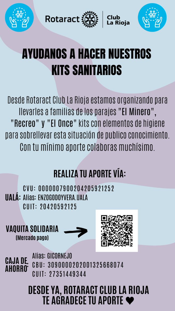 Estamos pronto a realizar nuestro proyecto insignia, pero necesitamos de vos!!!! Ingresa al link y deja tu aporte o a las cuentas que se detallan en la imagen. taplink.cc/rotaractlarioja
#larioja #QuedateEnCasa #FelizMartes #SERVICIO