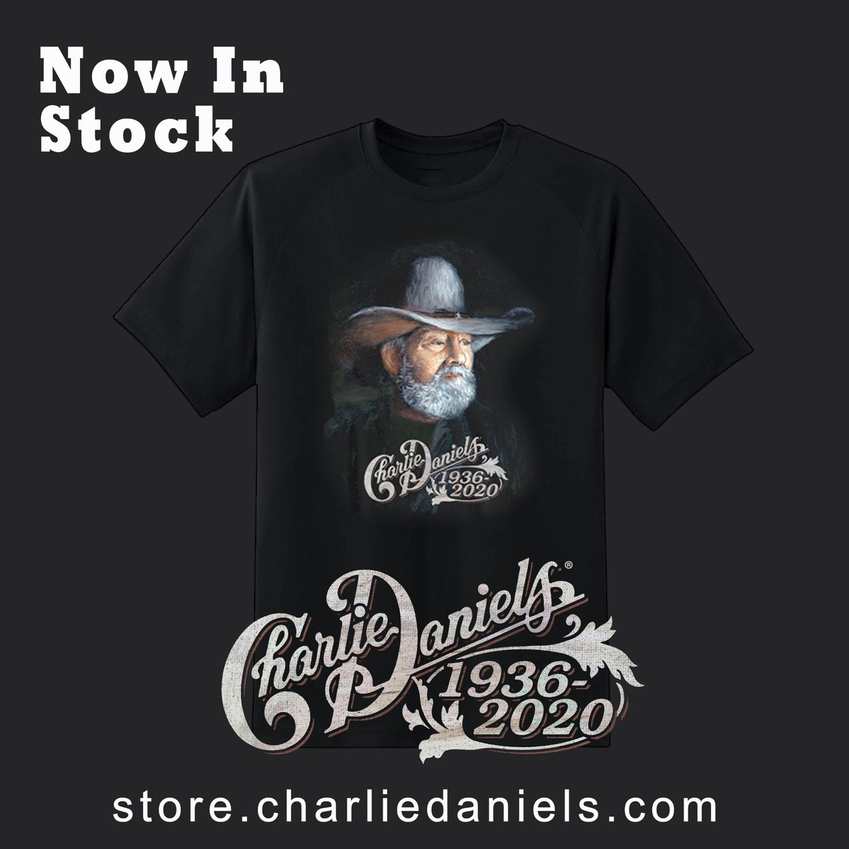 CharlieDaniels's tweet photo. The Charlie Daniels Portrait Tee is now in stock. This beautiful tee with a stunning portrait of Charlie is a fitting tribute to a legend who left us too soon. A portion of the sales will go to benefit Charlie's charity, @TJHproject . Shop Now: https://t.co/8DuLTItfI6 -TeamCDB/BW https://t.co/jLOaxnV62c