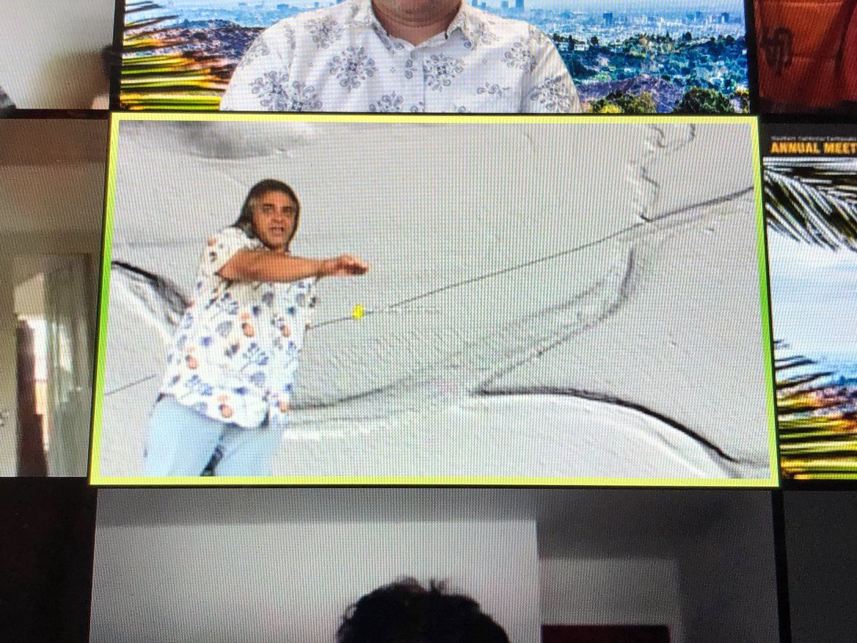 mrbrianolson's tweet photo. And here we see Gordon Seitz (CGS) going full TV meteorologist to point out scarps in the lidar imagery from his poster on trenching the SAF bear Cholame. #scecmeet #scec2020 https://t.co/Bd3xixKZjD