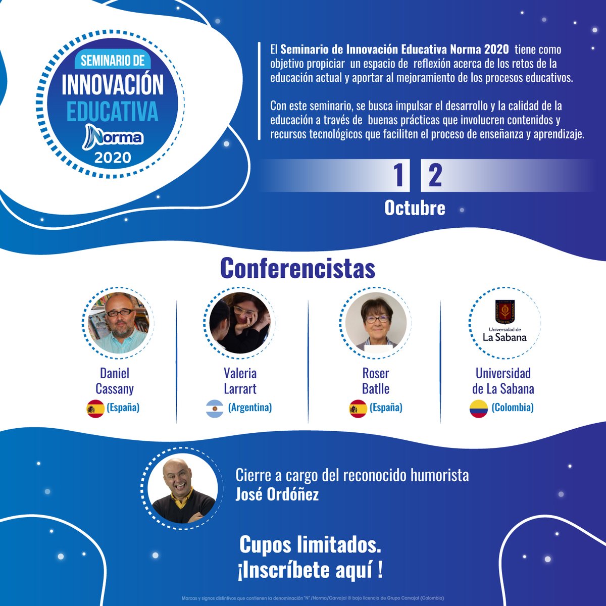 NormaEdiciones's tweet photo. 🤩🤩🤩 #Imperdible 🤩🤩🤩

👩🏼‍🏫👨🏼‍🏫 ¡Seminario de Innovación Educativa Norma 2020! 👨🏼‍🏫👩🏼‍🏫

Inscripciones: https://t.co/2PaRU3kWOq

🎊📚🎉 #Norma60Años #SeminarioNorma #GraciasMaestros @dancassany @valelrt @roserbatlle @unisabana 🎉📚🎊 https://t.co/yXBhEHbFxD