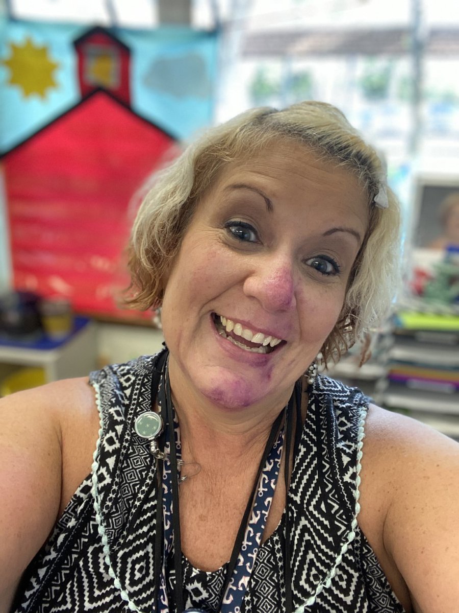 lbowersanchor's tweet photo. A8: The Day the Teacher turned Purple!!! I wore a tie dye mask without washing it first. Olive asked why I was purple when I put on my Shield to read a book. Another little boy said, "I noticed but I didn't want to say anything!" Then I was told I could be Mrs. Plum! lol #VCStlap https://t.co/WMmJnrz5FV
