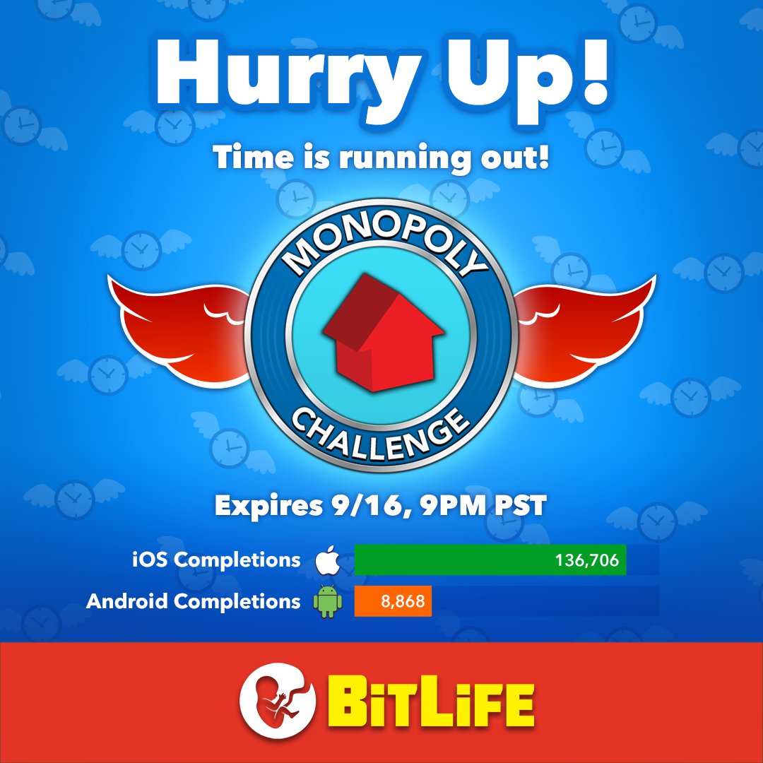 BitLifeApp's tweet photo. Only one day left, Bitizens! Act quick to finish the Monopoly Challenge. 🏠 https://t.co/ogNCSZVoS7