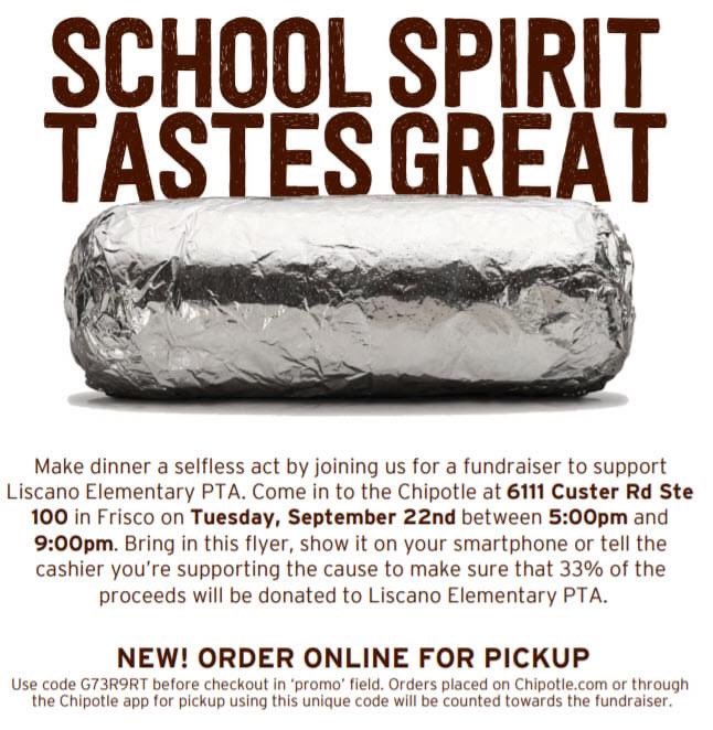LiscanoElem's tweet photo. Support @LiscanoElem by feasting on some delicious Chipotle for dinner on Sept 22nd! You can order online and pick up, don’t forget to give the code G73R9RT to support the fundraiser! https://t.co/vHMg9xAdxb