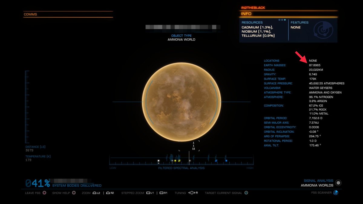 kgNatx's tweet photo. Just #FirstDiscovered a system of monsters! An ammonia world that's 87 M ⊕. The same system has two landable ringed HMC worlds over 10 M ⊕ and a 11 M ⊕ water world! #EliteDangerous https://t.co/hiELxshBj0