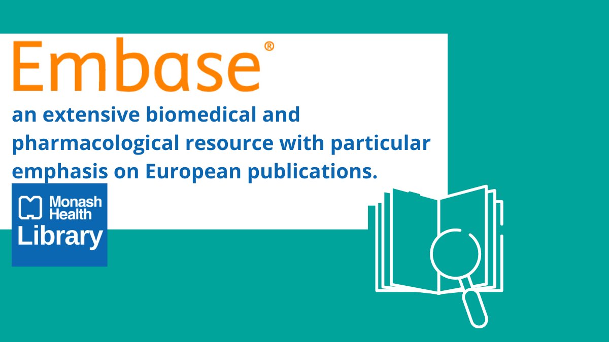 MonashHealthLib's tweet photo. Embase is a key database for medical research available from our electronic resources page: https://t.co/1JdvcwCyes. Embase is an extensive biomedical and pharmacological resource with particular emphasis on European publications. Contact us for training. #MonashHealthLib https://t.co/yKljxyvsUa