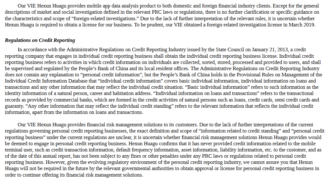 Listed companies must disclose all kinds of information including business risks.Here they disclose to the SEC that they may have to 'obtain approval or license for personal credit reporting business' in China to 'continue offering its financial risk management solutions'.