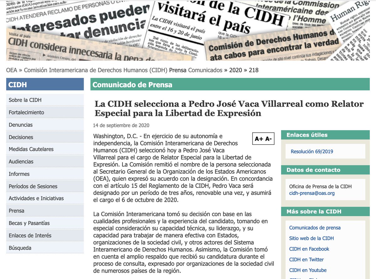 CIDH's tweet photo. La @CIDH selecciona a Pedro José Vaca Villarreal como Relator Especial para la Libertad de Expresión 
#LibertadExpresion #DDHH 

📌Comunicado de Prensa: 👉🏾 https://t.co/iFcpQG17E9 https://t.co/xirdHQ4J26