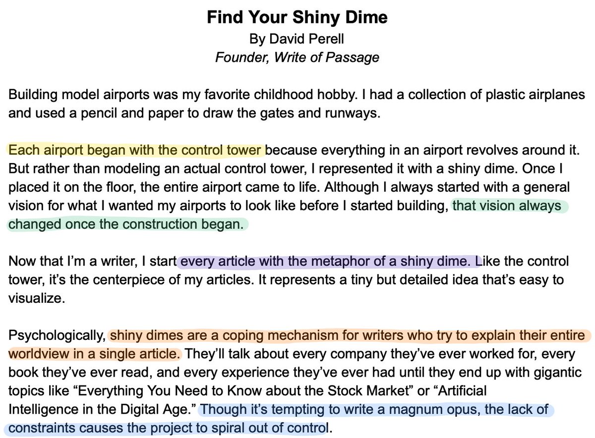 Write about the smallest viable idea you can find. That idea should be clear, detailed, and easy to visualize — just like a shiny dime. Here's my new article.