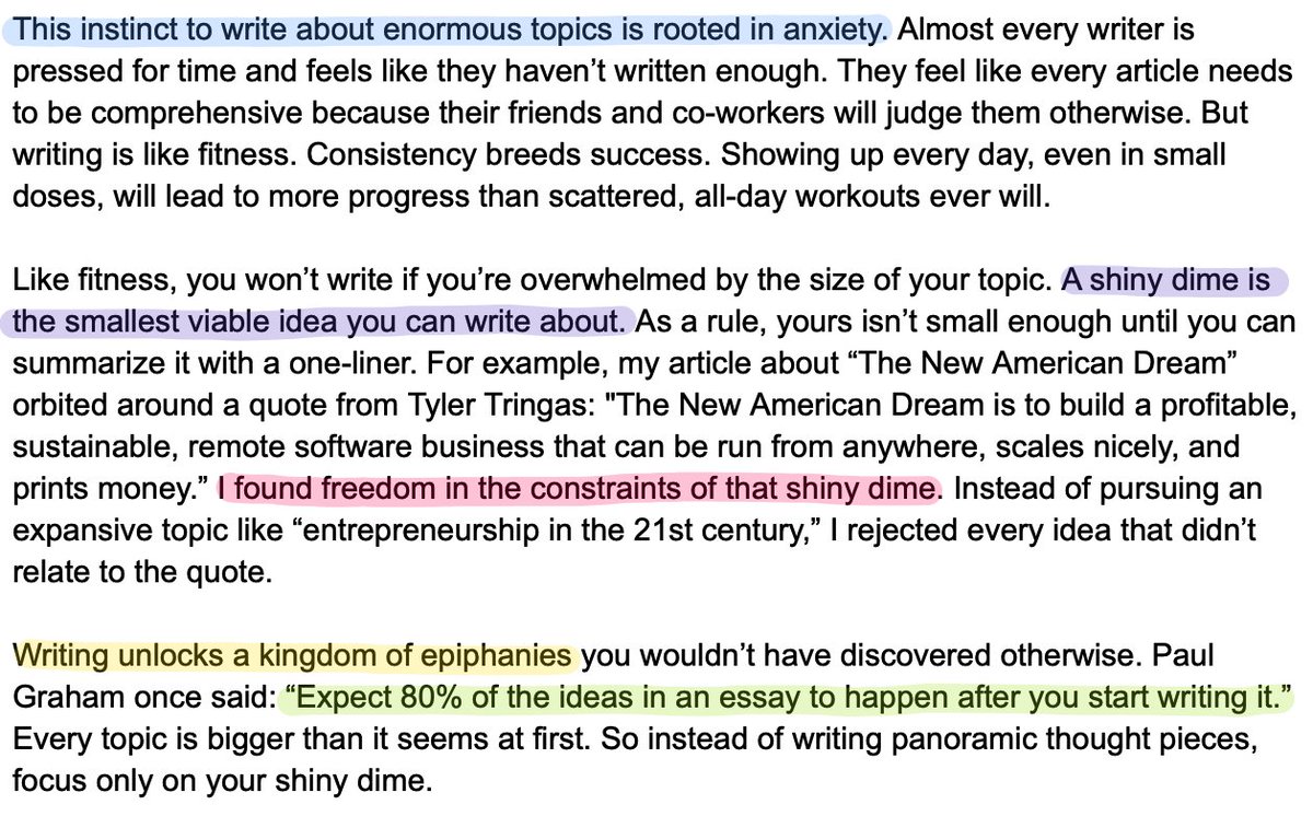 Write about the smallest viable idea you can find. That idea should be clear, detailed, and easy to visualize — just like a shiny dime. Here's my new article.