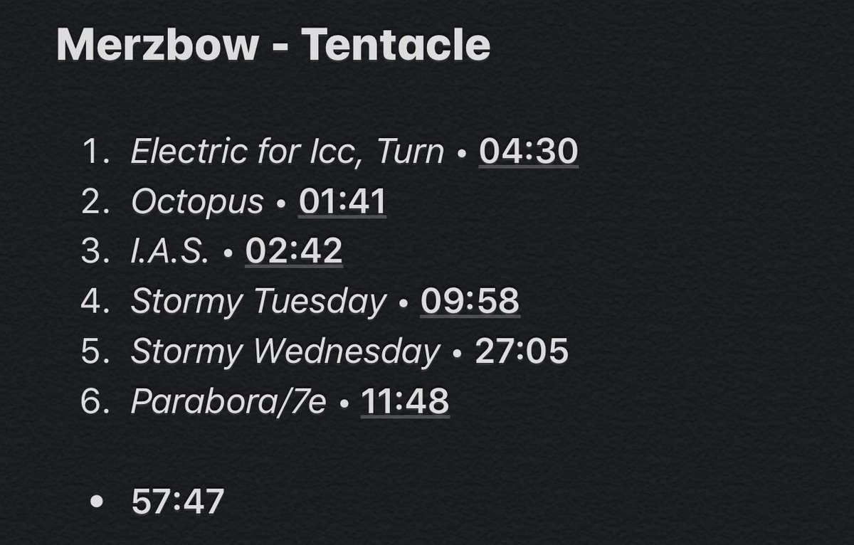 23/107: TentacleMost boring Merzbow album I’ve heard until now. Nothing surprising nor interesting in this project so I’m a little bit disappointed. Stormy Wednesday is so long and has literally nothing new. Probably his worst record until now (in my opinion).