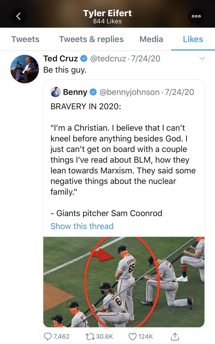 Tyler Eifert liked Ted Cruz’s tweet praising Sam Coonrod’s “bravery” for speaking out against Black Lives Matter and standing during the national anthem.