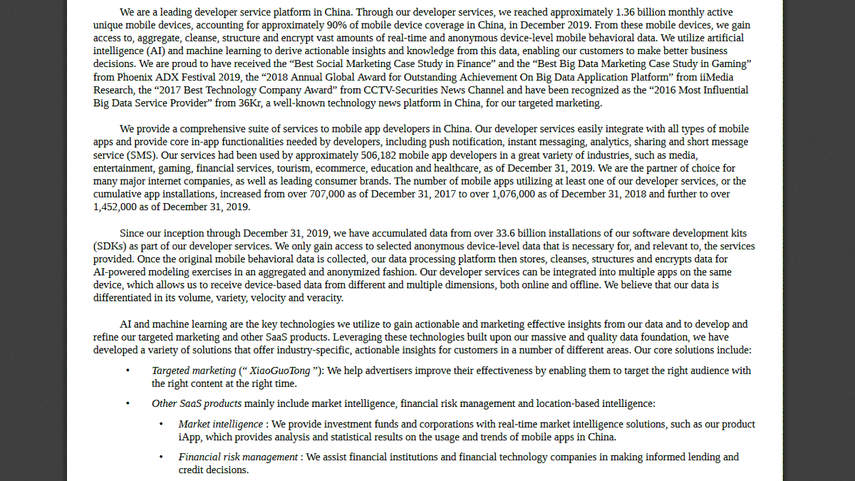 One more SEC filing tidbit, Aurora states it has "accumulated data from over 33.6 billion installations of [its] software development kits (SDKs)". So, they're counting every app install that contained their SDKs. And they claim to harvest data from 90% of Chinese mobile devices.