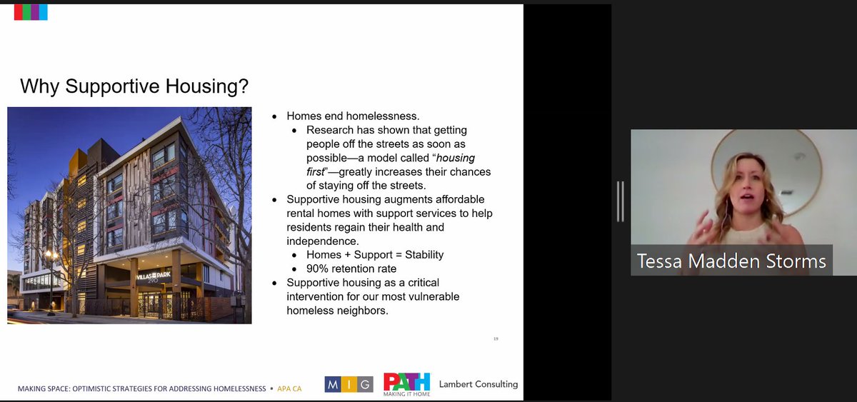 APACalifornia's tweet photo. Continuing the conversation in #APACAConf "Making Space: Optimistic Strategies for Addressing Homelessness": Tessa Madden Storms @misstessmarie from @pathpartners explains the importance of #HousingFirst - getting people into supportive housing first. #StateofChange2020 https://t.co/YwIYK3Aicy