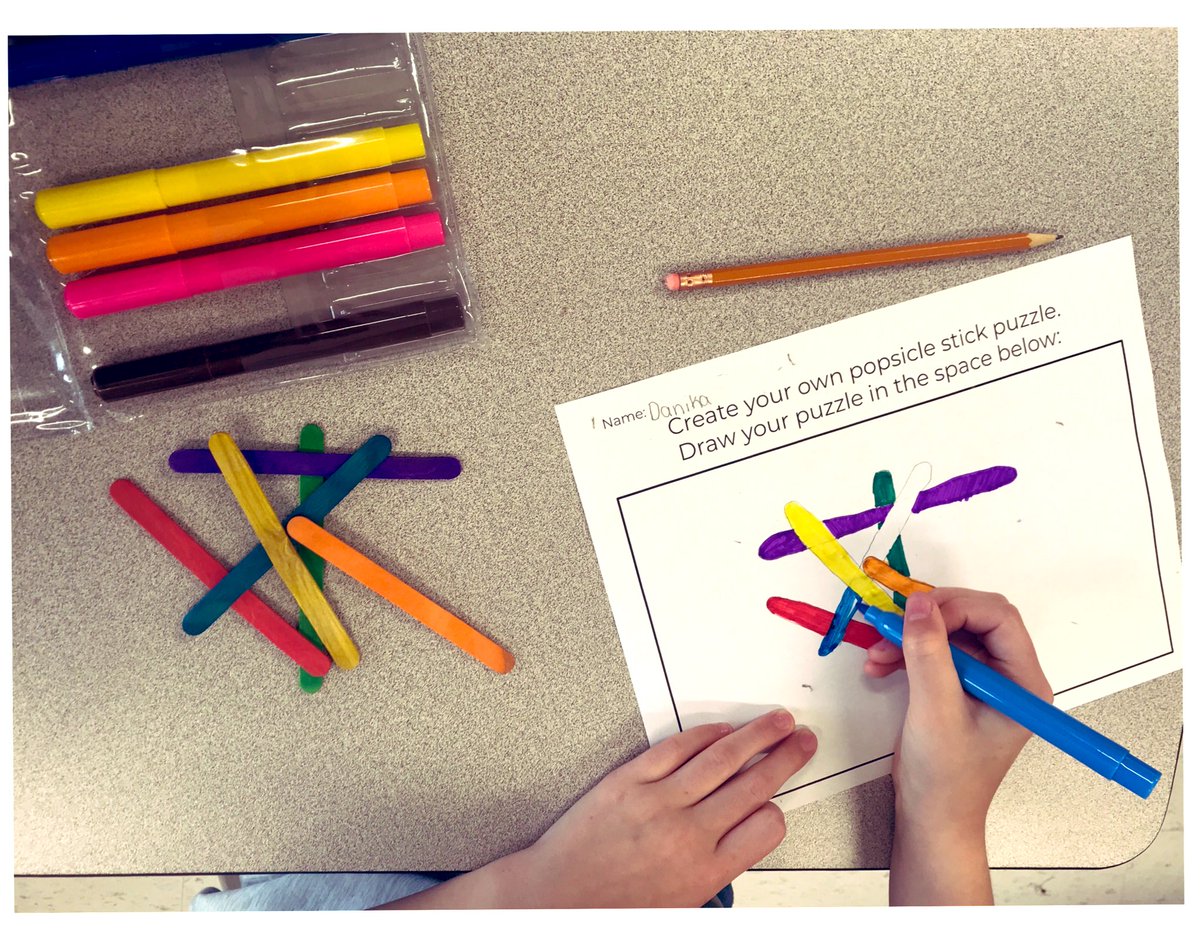 MsAllely's tweet image. Popsicle stick puzzles 🧩 were a blast! It was fun to watch Ss demonstrating spatial reasoning and problem solving! Loved hearing things like “I’ll start with orange and red because their at the back!” Then came the task of them making their own puzzle drawing! @SACTVDSB