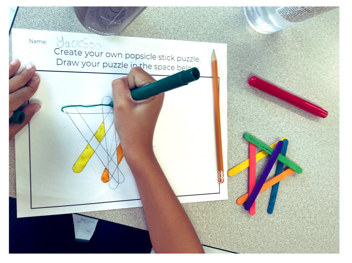 MsAllely's tweet image. Popsicle stick puzzles 🧩 were a blast! It was fun to watch Ss demonstrating spatial reasoning and problem solving! Loved hearing things like “I’ll start with orange and red because their at the back!” Then came the task of them making their own puzzle drawing! @SACTVDSB