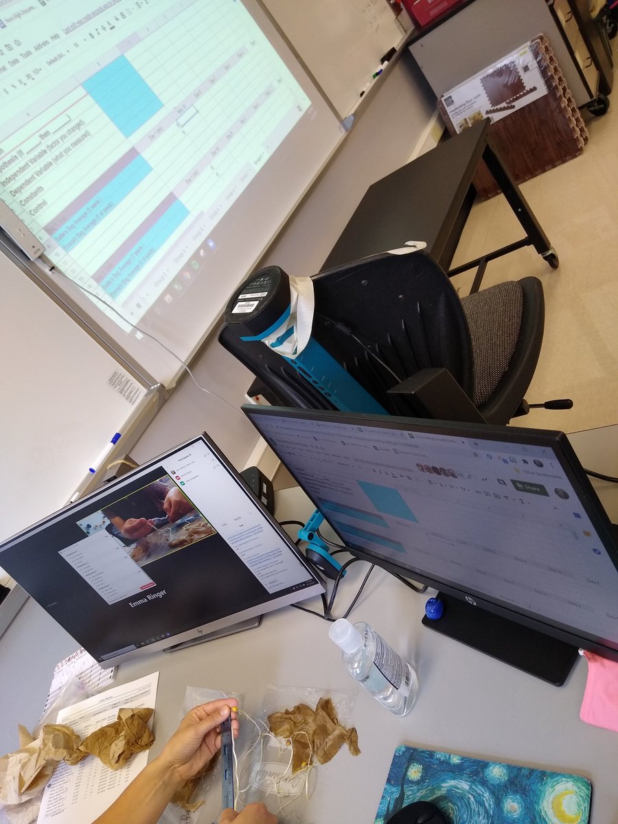 bioonthego's tweet photo. Today @LaineyBristow teaching sci remotely, showing Ss how to measure growth + use collaborative spreadsheets while the cam is engineered to a chair to not invert her image. STEM as a force for good in action. With a smile....finding a way together. @PennECollege @PennPride365 https://t.co/dfggOgv3HU