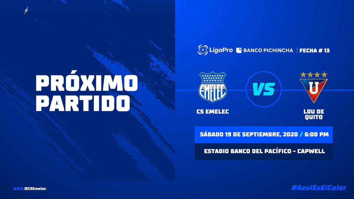 Próximo partido del Bombillo

🏆 #LigaPro (Fecha 13)
⚽ <a href="/CSEmelec/">Club Sport Emelec</a> 🆚 <a href="/LDU_Oficial/">LDU Oficial</a>
📆 Sábado, 19 de septiembre
⏰ 6:00 pm 
🏟 Estadio Banco del Pacífico Capwell

 #AzulEsElColor #DelBombilloSoy 🔵⚡