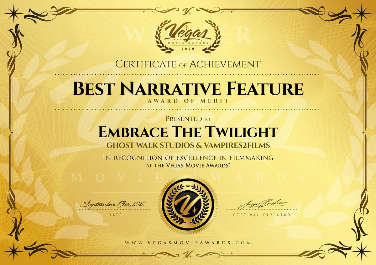 ghostwalk's tweet photo. One of 5 awards received from @VegasMovie for our #featurefilm #EmbraceTheTwilight 

#BestNarrativeFeature #AwardOfMerit

Thank you!  #gratitude 🙏😍🎞️

@ghostwalk @Vampires2com @GreenAppleEnt @maggieshayne https://t.co/2nzTT8JDLt