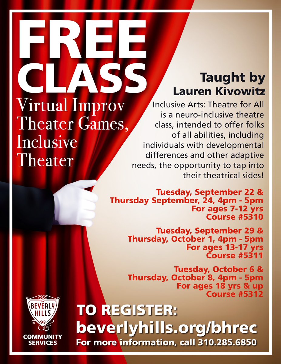 CommunityLifeBH's tweet image. ‼️NEW‼️ Free Fall Arts Workshops including, Theater Improv, Virtual Gardening, and young Innovators are being offered! Register now at beverlyhills.org/bhrec 🎭🥬💡 #CommunityLifeBH #BHHealthyCity #freevirtualclasses #community #beverlyhills